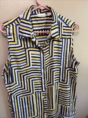 Liz Claiborne Yellow Blue Black White Striped Sleeveless Button Front Top